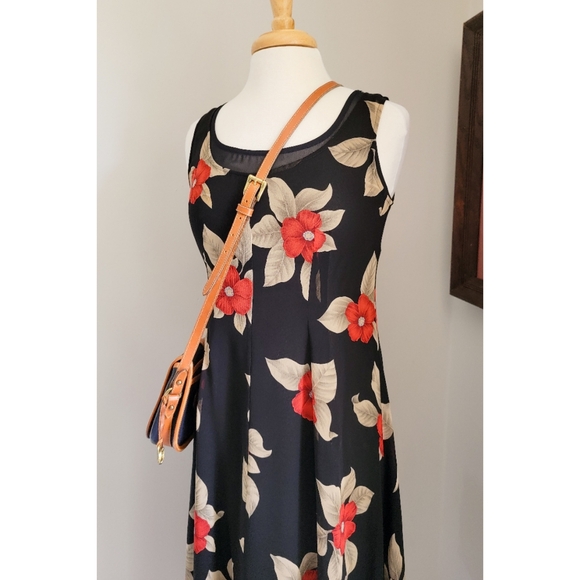 90s Black Floral Silk Scoop Neck 1990s Vintage Fully Lined Sleeveless Midi Dress - Picture 7 of 14